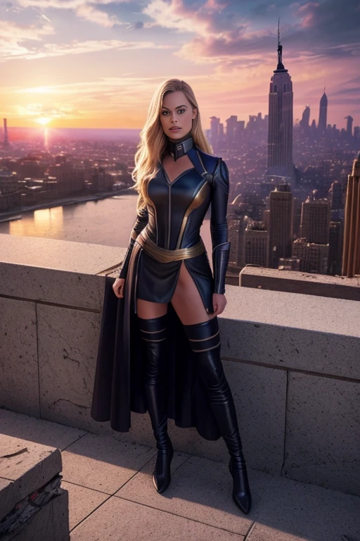 Margot Robbie、Torn Suit、I'm wearing a skirt、masterpiece, 1 Girl, マーベルのサイロックとしてbeautiful女性, X-Men Psylocke Cosplay、purple suit、Fine and delicate features, Futuristic New York Background, Science fiction, blonde, Super Heroine, heroic, Perfect balance, photograph, 超Realistic, masterpiece, 8k, large format camera, 110mm lens, Dynamic Lighting, Rim lighting、Official Art, extremely detailed CG 8K wallpaper, perfect Lighting, De color, bright_amount_method_Light, piel bright, (masterpiece:1.0), (Better_quality:1.0), Ultra-high resolution, 4k , Very detailed, Director of Photography, 8K, HDR, Altas ResoLightones, (Confused:1.2), Kodak Portrait 400, Film Grain, blurred background, (Bokeh:1.2), Lens flare, (Vibrant_color:1.2), プロのphotograph撮影, (beautiful_method:1.5),More detailed 8K.Unreal Engine:1.4,Hmm.,La Better calidad:1.4, Realistic:1.4, Skin temperature:1.4, masterpiece:1.8,masterpiece, Better calidad,Object Object], (Detailed facial features:1.3),(Anti-sedentary apocalyptic destroyed city:1.4), (Apocalyptic Sunset:1.4)