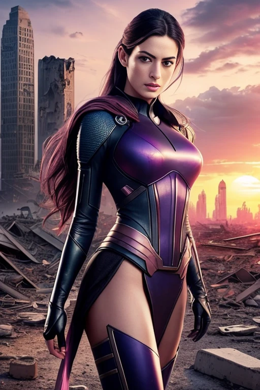 Anne Hathaway、Torn Suit、I'm wearing a skirt、masterpiece, 1 Girl, マーベルのサイロックとしてbeautiful女性, X-Men Psylocke Cosplay、purple suit、Fine and delicate features, Futuristic New York Background, Science fiction, blonde, Super Heroine, heroic, Perfect balance, photograph, 超Realistic, masterpiece, 8k, large format camera, 110mm lens, Dynamic Lighting, Rim lighting、Official Art, extremely detailed CG 8K wallpaper, perfect Lighting, De color, bright_amount_method_Light, piel bright, (masterpiece:1.0), (Better_quality:1.0), Ultra-high resolution, 4k , Very detailed, Director of Photography, 8K, HDR, Altas ResoLightones, (Confused:1.2), Kodak Portrait 400, Film Grain, blurred background, (Bokeh:1.2), Lens flare, (Vibrant_color:1.2), プロのphotograph撮影, (beautiful_method:1.5),More detailed 8K.Unreal Engine:1.4,Hmm.,La Better calidad:1.4, Realistic:1.4, Skin temperature:1.4, masterpiece:1.8,masterpiece, Better calidad,Object Object], (Detailed facial features:1.3),(Anti-sedentary apocalyptic destroyed city:1.4), (Apocalyptic Sunset:1.4)