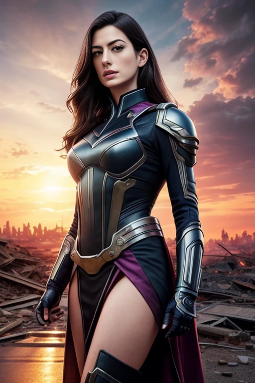 Anne Hathaway、Torn Suit、I'm wearing a skirt、masterpiece, 1 Girl, マーベルのサイロックとしてbeautiful女性, X-Men Psylocke Cosplay、purple suit、Fine and delicate features, Futuristic New York Background, Science fiction, blonde, Super Heroine, heroic, Perfect balance, photograph, 超Realistic, masterpiece, 8k, large format camera, 110mm lens, Dynamic Lighting, Rim lighting、Official Art, extremely detailed CG 8K wallpaper, perfect Lighting, De color, bright_amount_method_Light, piel bright, (masterpiece:1.0), (Better_quality:1.0), Ultra-high resolution, 4k , Very detailed, Director of Photography, 8K, HDR, Altas ResoLightones, (Confused:1.2), Kodak Portrait 400, Film Grain, blurred background, (Bokeh:1.2), Lens flare, (Vibrant_color:1.2), プロのphotograph撮影, (beautiful_method:1.5),More detailed 8K.Unreal Engine:1.4,Hmm.,La Better calidad:1.4, Realistic:1.4, Skin temperature:1.4, masterpiece:1.8,masterpiece, Better calidad,Object Object], (Detailed facial features:1.3),(Anti-sedentary apocalyptic destroyed city:1.4), (Apocalyptic Sunset:1.4)