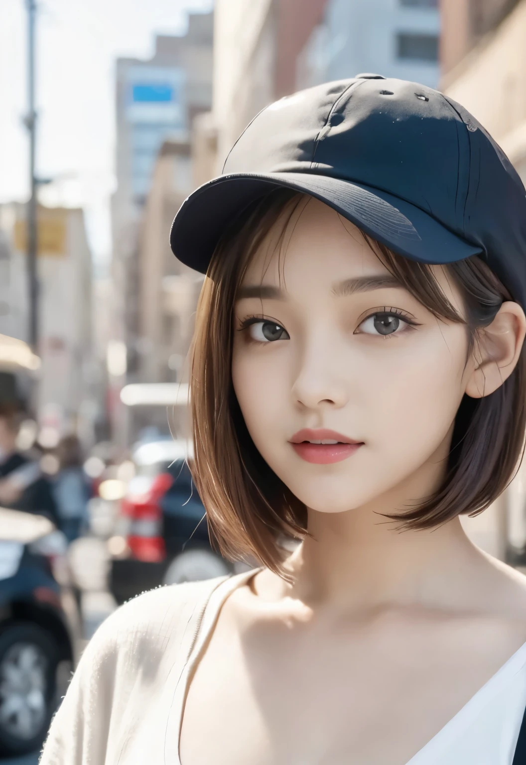 photographed from a distance:1.3, Girl in cap:1.2, Medium Bob