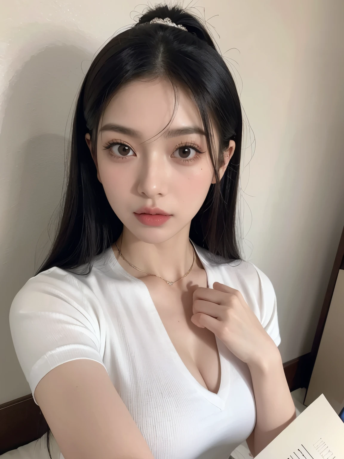 Kim jennie con el cabello negro oscuro, con rulos en las puntas del cabello negro oscuro, con un ganchito de estrella en el cabello negro oscuro, ojos de color claro, ojos bonitos, ojos llorosos, nariz bonita y respingada, labios bonitos, labios rosas, heart and cupid shaped lip, piel bonita, pale, piel blanca, con lunares y pecas en todo el rostro, rubor rosa suave en las mejilla, rubor rosa natural, maquillaje suave y rosa, jennie, cuellos bonito, cuello marcado, frown, mirada enojada, con un collar de beso, un collar bonito de beso, mientras tiene un traje de Yumeko Jabami, cospaly de Yumeko Jabami, mientras tiene una camisa blanca, con tiene un traje de color rojo encima de su camisa blanca, apretado a su cuerpo, con una falta negra corta mientras tiene el abdomen desnudo, delgado, marcado y bonito, (pechos grandes, pechos suaves, pechos bonitos, pechos naturales), mientras esta haciendo cospaly del personaje Yumeko Jabami, del anime Kakegurui, mirando a la camara, autofoto, selfie bonita