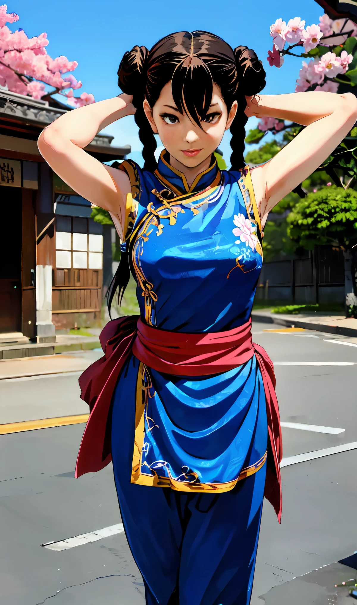 Shibuya、Streetscape、PaiChan, twin braids with blue ribbons, brown eyes, double bun,black hair,
standing, solo , upper body, 
blue Chinese clothes, red sash, pants, sleevless,cherry blossoms、cherry blossomsの花びら、cherry blossoms舞う、Knotting hair、colorful hair、Cross-eyed、Sloppy、Cross-eyed、Drunk、(the fool/Sexual Ecstasy)、highest quality、Real、Super delicate illustration、Beautiful and attractive anime girl、Slender body、One Girl、full body shot、Beautiful red eyes、