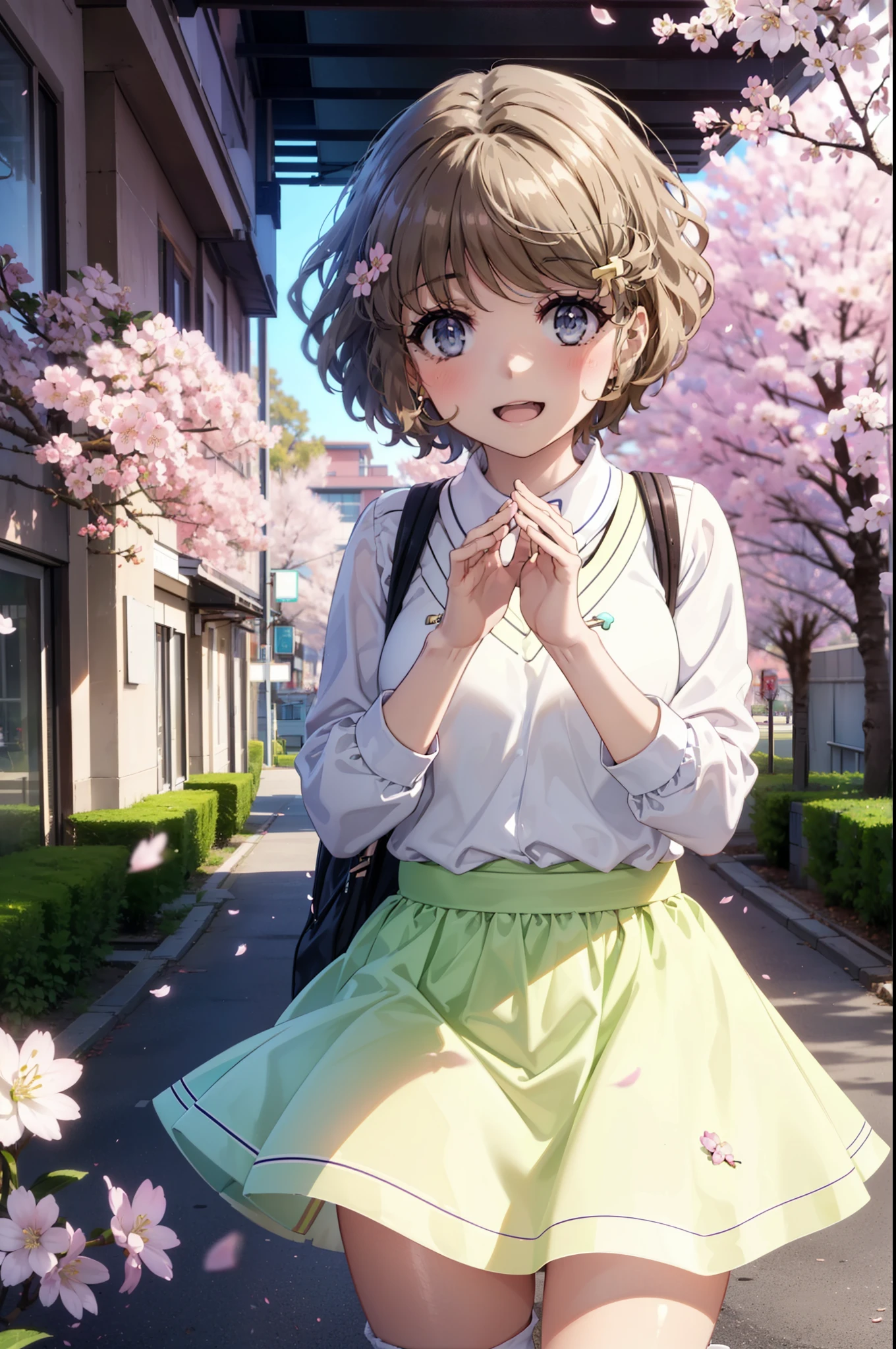 tomoekoga, Chie Koga, short hair, brown hair, blue eyes, Hair Clip,Green Tokkuri Sweater,White long skirt,Mini Boots,blush,smile,happy smile, smile, Open your mouth,Cherry blossoms are blooming,Cherry blossoms are scattered,Cherry blossom tree-lined path,morning,morning陽太陽が登っている,
break outdoors, School　School building,
break looking at viewer, (Cowboy Shot:1.5),
break (masterpiece:1.2), highest quality, High resolution, unity 8k wallpaper, (figure:0.8), (Beautiful fine details:1.6), Highly detailed face, Perfect lighting, Highly detailed CG, (Perfect hands, Perfect Anatomy),