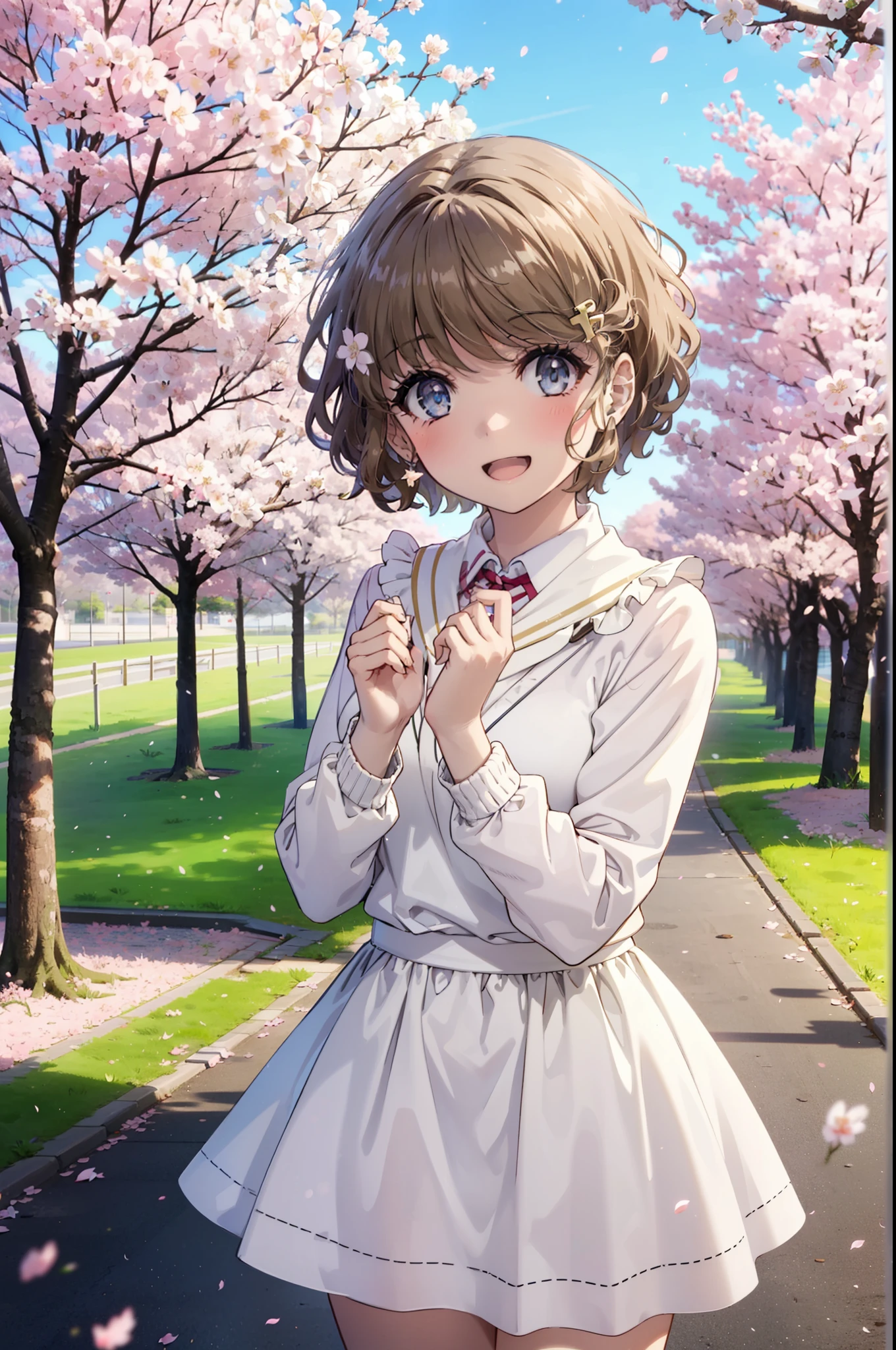 tomoekoga, Chie Koga, short hair, brown hair, blue eyes, Hair Clip,Green Tokkuri Sweater,White long skirt,Mini Boots,blush,smile,happy smile, smile, Open your mouth,Cherry blossoms are blooming,Cherry blossoms are scattered,Cherry blossom tree-lined path,morning,morning陽太陽が登っている,
break outdoors, School　School building,
break looking at viewer, (Cowboy Shot:1.5),
break (masterpiece:1.2), highest quality, High resolution, unity 8k wallpaper, (figure:0.8), (Beautiful fine details:1.6), Highly detailed face, Perfect lighting, Highly detailed CG, (Perfect hands, Perfect Anatomy),