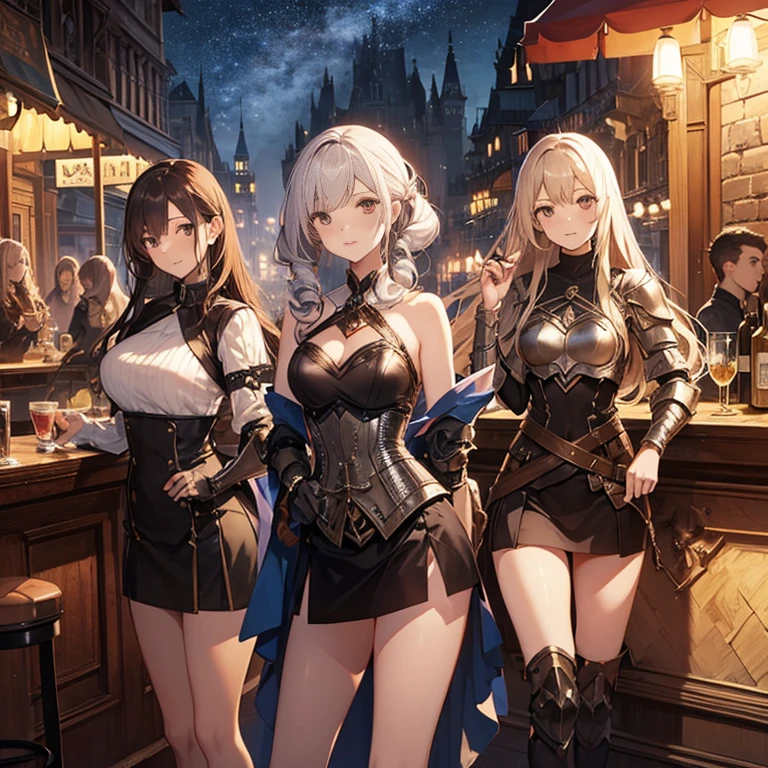 A group of  female medieval fantasy adventurers, (in bar), various hair styles, harem, night, details face, short skirt, seducing, sleeveless, armor 