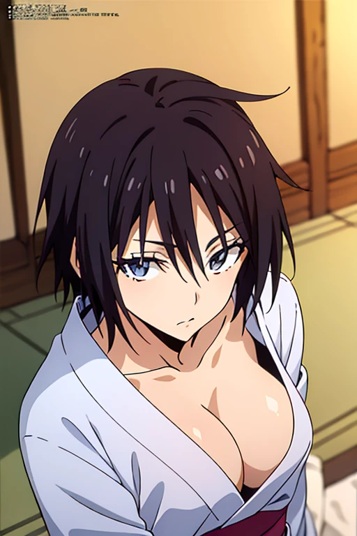 (anime cels style, Masterpiece, best quality, high resolution, anime colored, megami magazine:1.2, anime poster style, anime keyvisual, sharp, 8k, photorealistic), (beautiful eyes:1.5), sakaguchihinata\(ttigraas\), 1girl, cute, black hair, very short hair, large breast, cleavage, no bra, (yukata:1.5, undressing:1.5), (upper body, sitting), (perfect detailed anatomy, perfect arms, perfect fingers, beautiful face, perfect body, shiny skin),