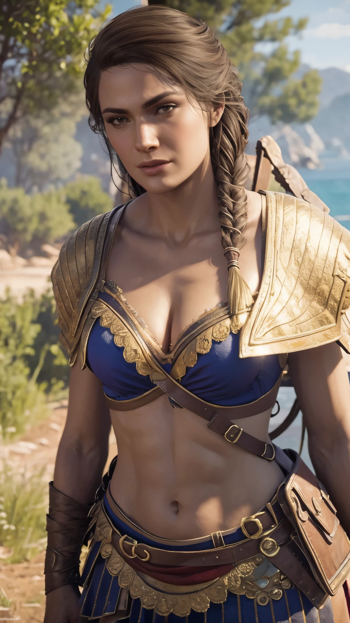 (best quality,4k,8k,highres,masterpiece:1.2),ultra-detailed,(realistic,photorealistic,photo-realistic:1.37),HDR,physically-based rendering,professional,vivid colors,Kassandra Assassin's Creed,beautiful detailed lips,beautiful detailed eyes,long eyelashes,extremely detailed face,super detailed lighting, business outfit,seductive pose,  reading glasses. 