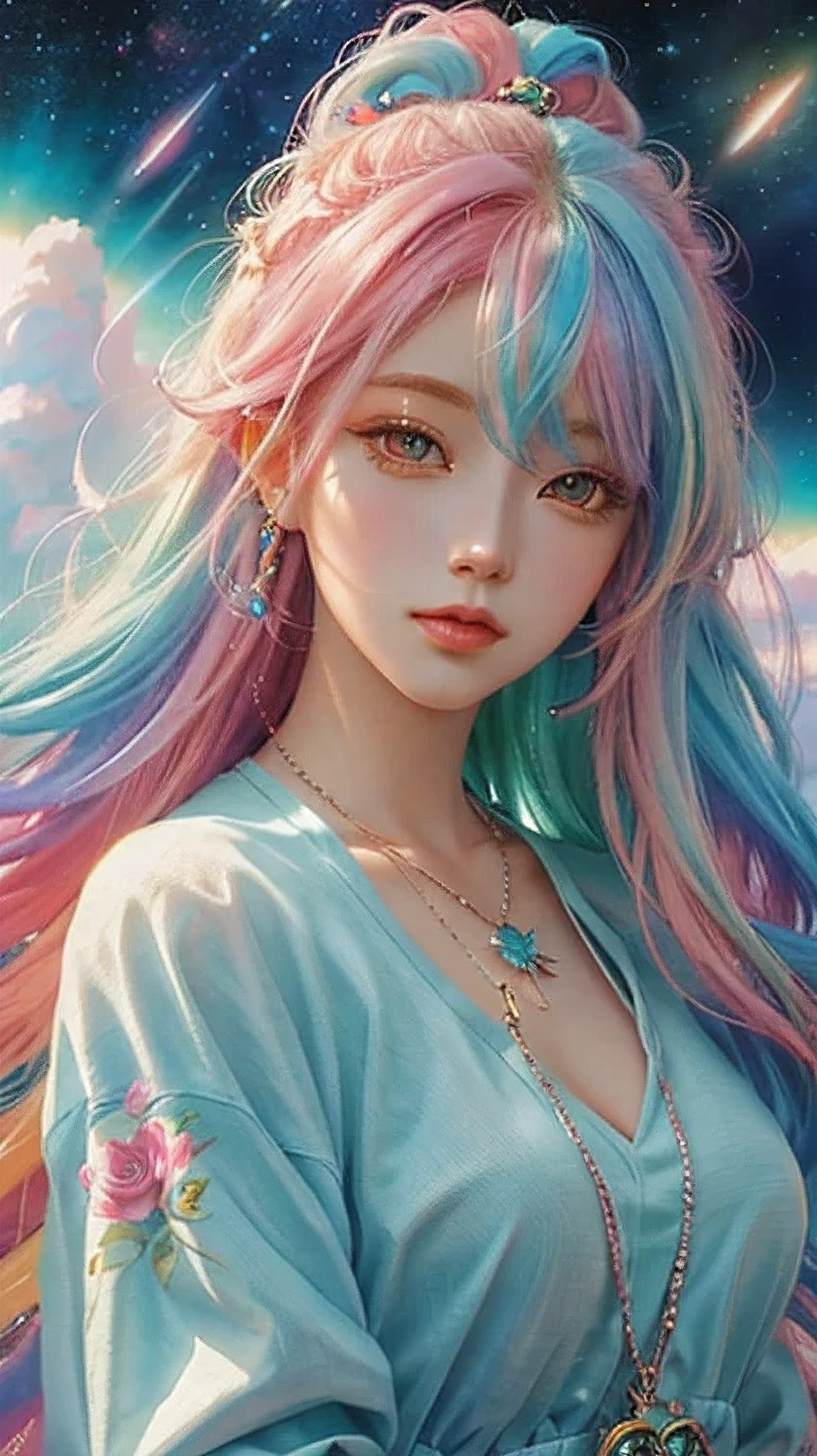 Close-up of a woman with colorful hair and necklace, Anime girl with space-like hair, The soft vibrancy of Ross Rose, Gvistian artwork, Fantasy art style, colorful]", vivid fantasy style, rossdraws cartoon vibrant, colorful, Gweitz, colorful digital fantasy art, great art style, Beautiful anime style, Shiny Hair