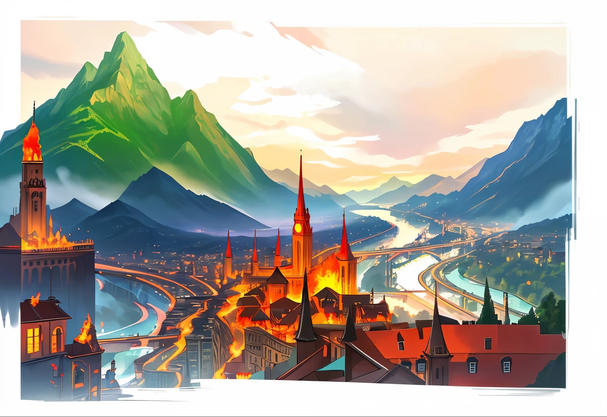 a beautiful city with rivers and mountains but it is on fire