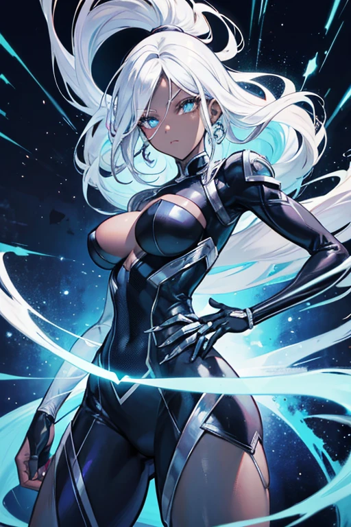 cartoon of a black woman holding a beer bottle in a bar, portrait of ororo munroe, x-men storm, storm!,  badass pose, loish |, animated episode still, handsome drow, amanda clarke, female lightning genasi, afrofuturism anime, cyborg - black girl with silver hair, x-woman storm