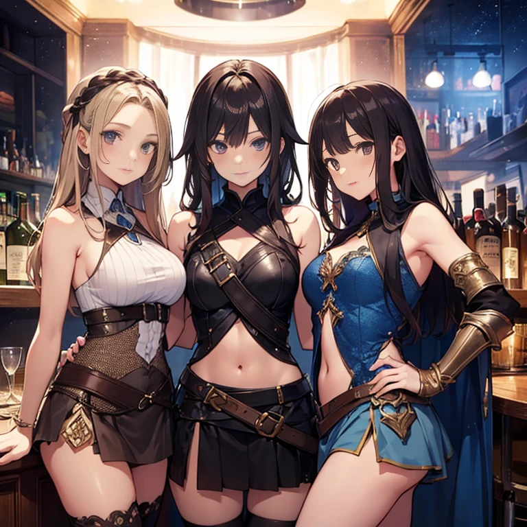 ((((Haremの4人のキャラクターが笑顔で描かれました))))、A group of female adventurers set in a medieval fantasy world,Dragon Quest、 (At the pub), Various Hair Styles, (Harem:1.5), night, detailed aspects, (All of them are wearing revealing clothes.), (Clothes with very little fabric), High V-neck, No bra, No underwear, (Exposed breasts:1.3), (Exposed Skin:1.2), (Micro Mini Skirt), Seduce, Sleeveless、Showing her panties、Large Breasts、A little bigger ass、Waist、Pulling up her short skirt