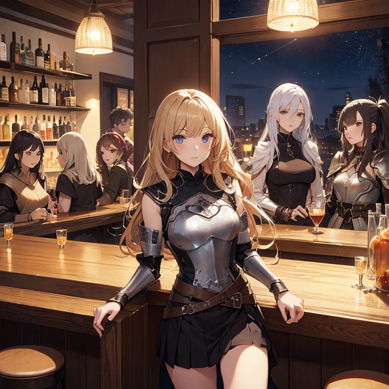 A group of female medieval fantasy adventurers, (in bar), various hair styles, harem, night, details face, short skirt, seducing, sleeveless, armor