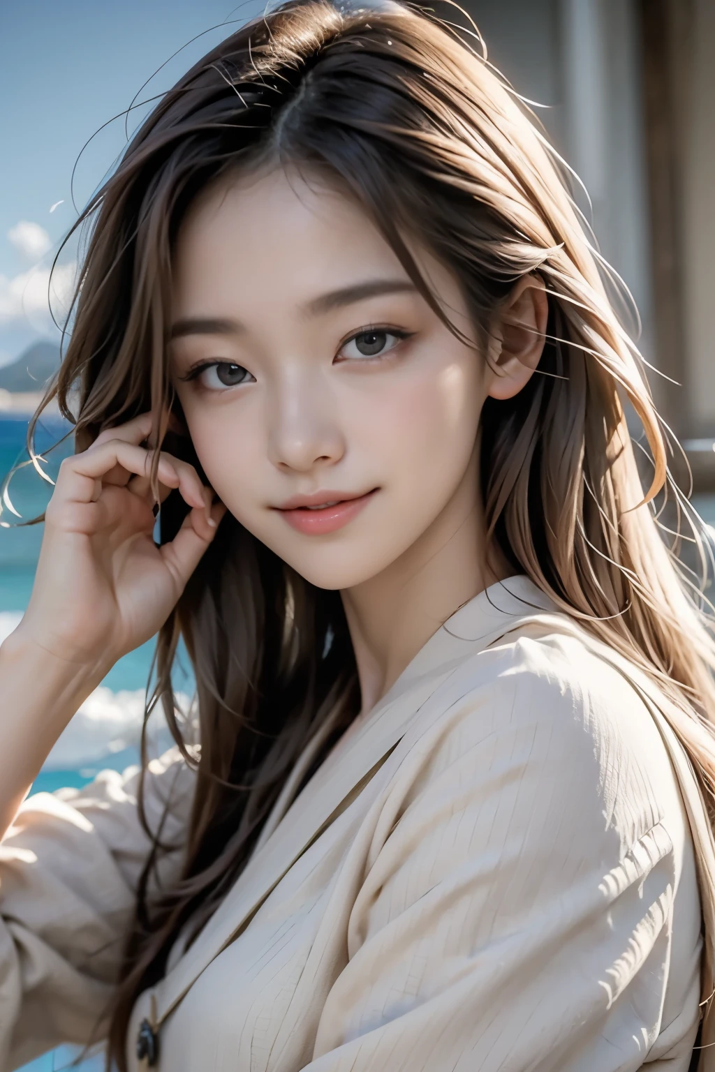 8K,highest quality, Tabletop, Ultra-detailed, 超A high resolution, Realistic, Raw photo, Absurd, Absolute Resolution, One girl, Upper Body Shot, Watching the audience,Young beautiful Japanese woman, Super cute face, Glamorous body,Long Bob Hair,smile,(Feminine clothing:1.3),Beautiful Eyes,(the wind is strong:1.3), smileで歩く,Glossy lips, Double eyelids on both eyes, Natural Makeup, Long eyelashes, 艶やかで滑らかなライトブラウンのLong Bob Hair, Asymmetrical bangs, Glowing Skin, Center image, High resolution, High Detail, Detailed hairstyle, Detailed face, Great cinema lighting, Octane Rendering, Posing energetically with both arms raised, Surreal, Perfect limbs, Perfect Anatomy、Hair fluttering in the strong wind:1.2、View from slightly below