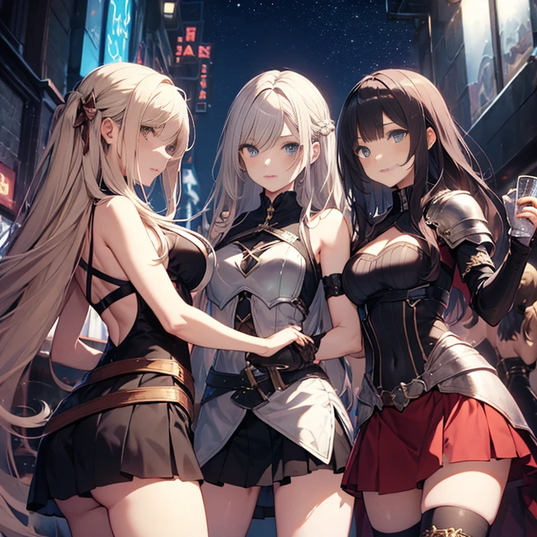 A group of  female medieval fantasy adventurers, (in night club), various hair styles, harem, night, details face, short skirt, seducing, sleeveless, armor 