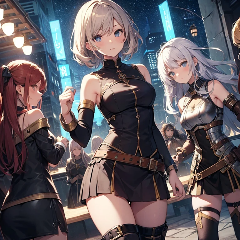 A group of female medieval fantasy adventurers, (in night club), various hair styles, harem, night, details face, short skirt, seducing, sleeveless, armor