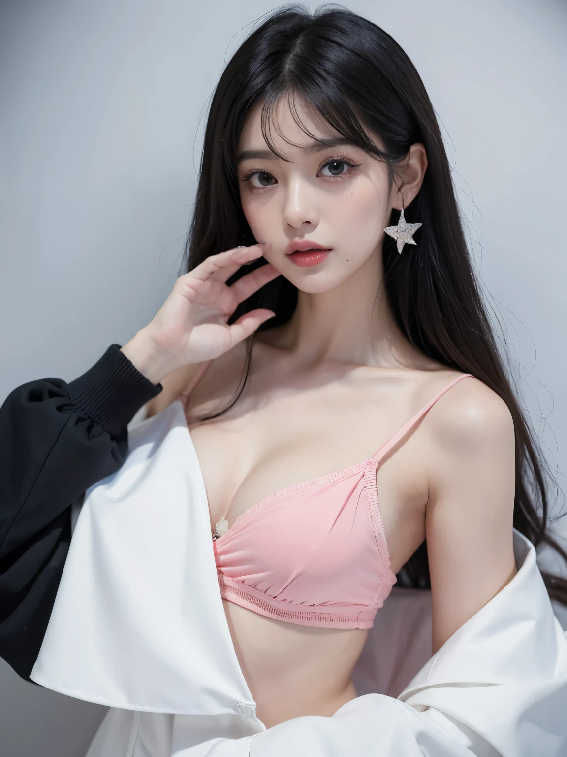 Kim jennie con el cabello negro oscuro, con rulos en las puntas del cabello negro oscuro, con un ganchito de estrella en el cabello negro oscuro, ojos de color claro, ojos bonitos, ojos llorosos, nariz bonita y respingada, labios bonitos, labios rosas, heart and cupid shaped lip, piel bonita, pale, piel blanca, con lunares y pecas en todo el rostro, rubor rosa suave en las mejilla, rubor rosa natural, maquillaje suave y rosa, jennie, cuellos bonito, cuello marcado, frown, mirada enojada, con un collar de beso, un collar bonito de beso, mientras tiene un traje de Yumeko Jabami, cospaly de Yumeko Jabami, mientras tiene una camisa blanca, con tiene un traje de color rojo encima de su camisa blanca, apretado a su cuerpo, con una falta negra corta mientras tiene el abdomen desnudo, delgado, marcado y bonito, (pechos grandes, pechos suaves, pechos bonitos, pechos naturales), mientras esta haciendo cospaly del personaje Yumeko Jabami, del anime Kakegurui, mirando a la camara, autofoto, selfie bonita