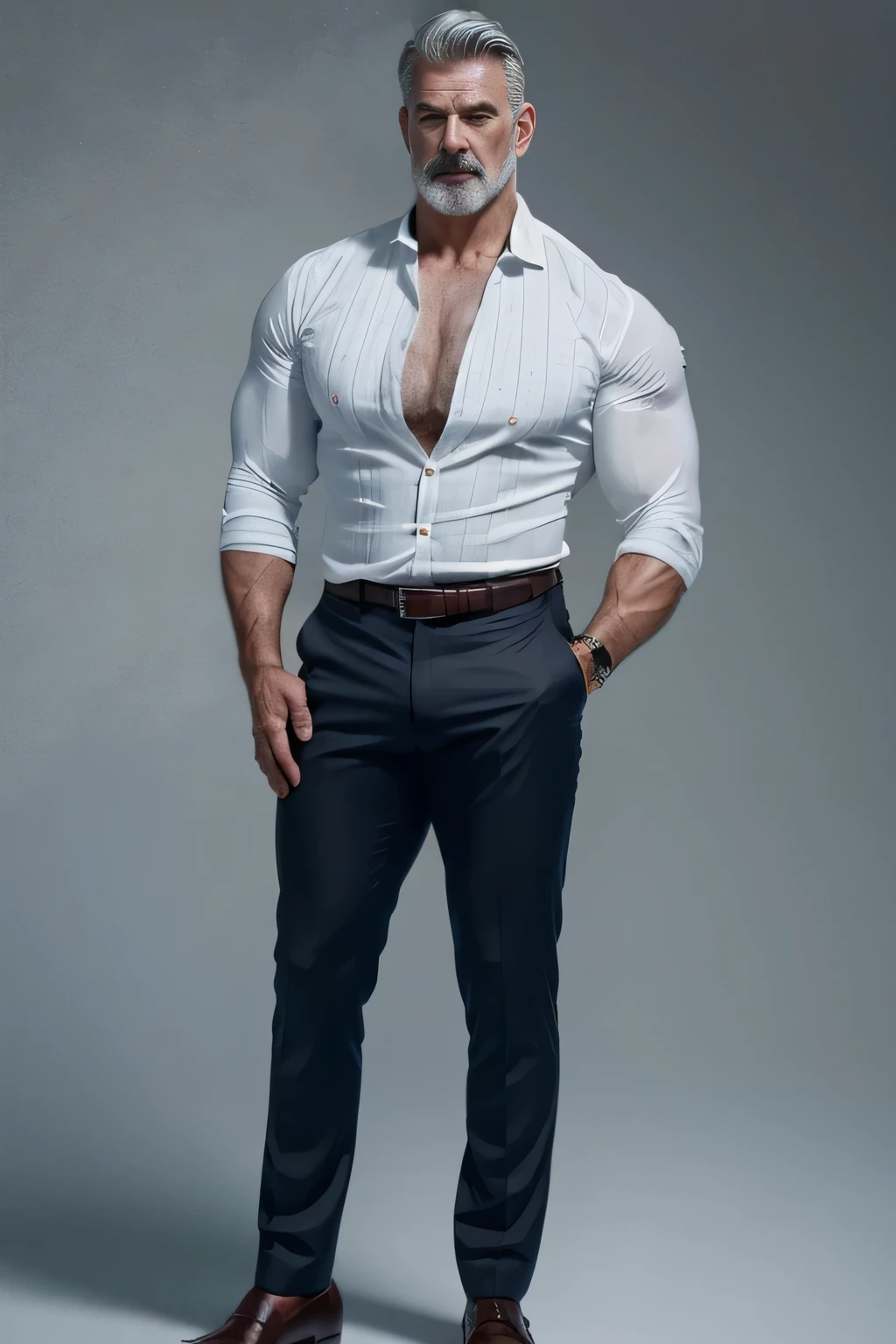 age 60, white man police detective with a mature, kind demeanor, strong and muscular yet chubby build, mustache, wearing dress pants and a buttoned-open translucent shirt that reveals a hairy chest and a noticeable bulge, wearing detective badge on belt, giving off a hint of a horny yet disgusting aura, big bulging crotch, open shirt(!), hairy chest, completing the look with comfortable loafers.