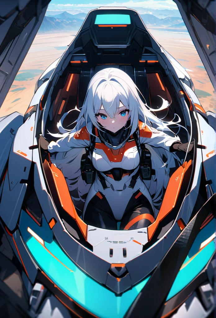 High quality, high definition images, full HD、

8k.1 girl( white long hair),Futuristic fighter pilot,black and white pilot suit,Inside the cockpit of a fighter jet The canopy is up,Maintenance staff Many, holding the control stick and looking at the instruments in front of him.

