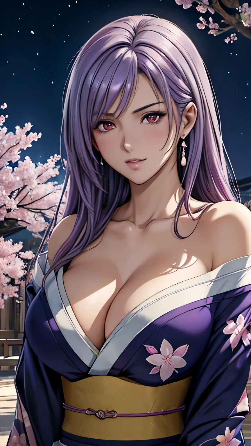 red eyes, (highest quality, masterpiece painting:1.3), immature woman, , (half body shot), masterpiece, ultra high resolution, (Photoreal:1.0), ((light purple hair)),straight hair, beautiful shining hair, white and shining skin, ((Ultra realistic details)), octane rendering, highly detailed face, (big breasts:0.8), (make a heart with hands), ((Sexy and gorgeous Japanese kimono,low cut neckline,delicate decoration:1.2)), open neckline, cleavage, perfect body, soft skin, White cherry blossom embroidery pattern, silver earrings,(milky way galaxy), Hair flutters under the influence of the wind, Japanese garden with beautiful cherry blossoms at night, Mysterious night sky, Beautiful Landscapes, sharp focus, intricate details, professional artwork, (bright colors:1.1), bright colors, diffused lighting, digital blending, ultra-definition body, ultra detail hair, super detailed face, that'It's trending on pixiv, top button open, Cute gaze, compensate, perfect lips, perfect compensate, Ultra-precision coating, (light_smile:0.8), (Very embarrassed:1.2), blush your nose,
