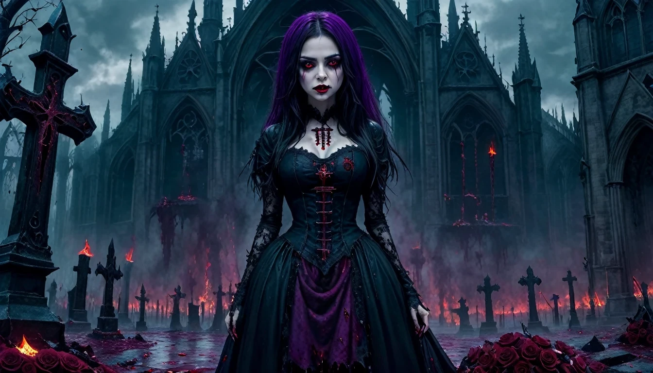 (Mila Kunis) , （Messenger from hell：1.4），cross，a giant Blood-sucking ghost，View of sickle from below，hell，magma，flame，（purple flame：1.3），There is fresh Blood on the ground，Blood pool，dripping Blood，Gothic aesthetics，one、Rose、castle、cross、Blood、churchyard，The mystery of gothic style、solemn and profound，gothic style，gothic style lace clothes、Rose symbolizes romance、grave、Blood-sucking ghost、witch、ruins、gothic cathedral，Gothic symbols series.