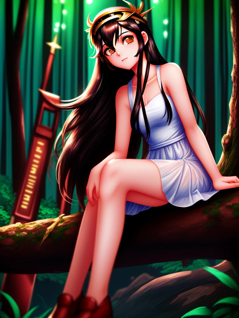 (masterpiece, highest quality), One girl(Athena_Assamese), Cute Dresses, Long black hair, Sitting, Beautiful outdoor background, night, forest