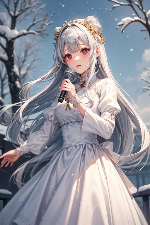 Queen、Gray Hair、White Dress、Gold decoration、Red eyes、In the snow、sing a song