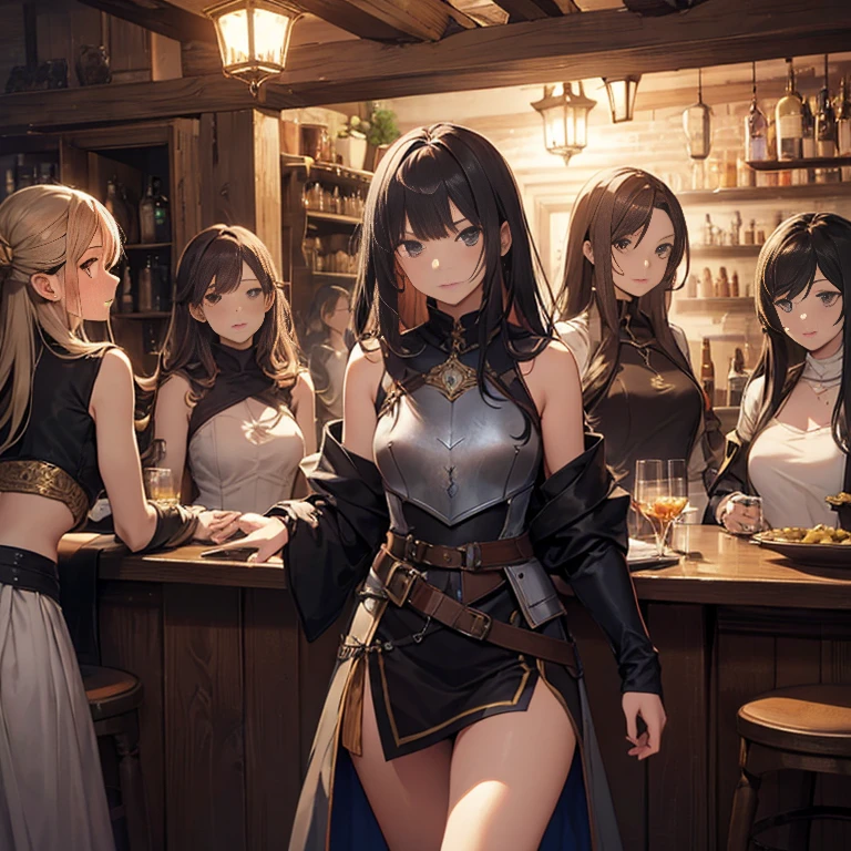 A group of female medieval fantasy adventurers, (in tavern), various hair styles, harem, night, details face, short skirt, seducing, sleeveless, armor
