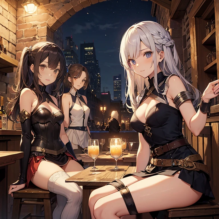 A group of female medieval fantasy adventurers, (in tavern), various hair styles, harem, night, details face, short skirt, seducing, sleeveless, armor