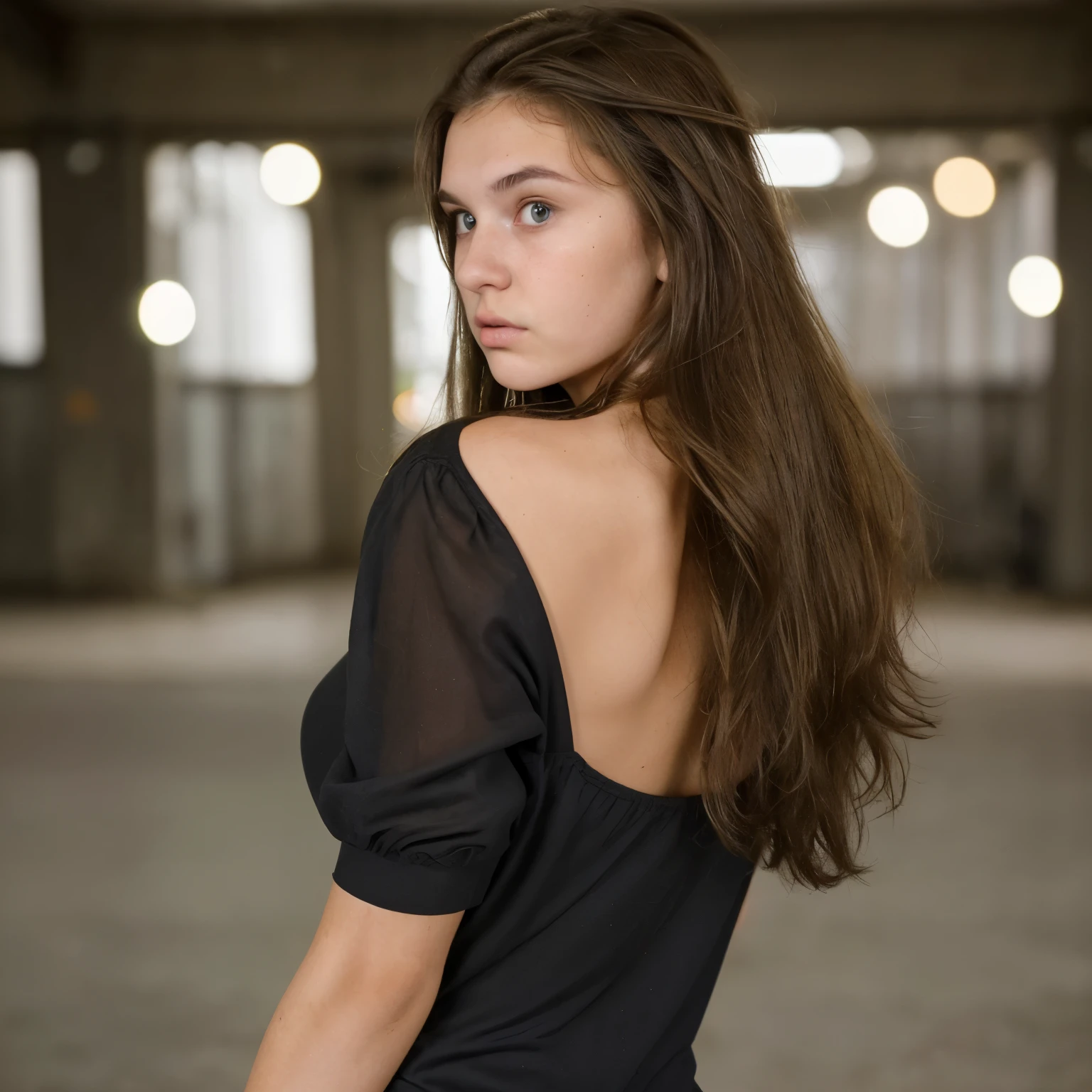 Very serious 19 year old girl, brunette looking back