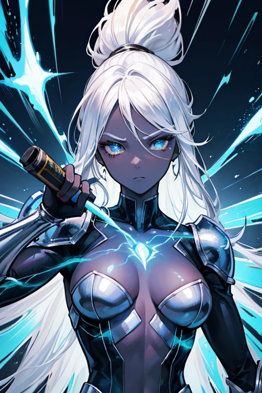 cartoon of a black skin woman holding a beer bottle in a bar, portrait of ororo munroe, x-men storm, storm!, badass pose, handsome drow, amanda clarke, female lightning genasi, afrofuturism anime, cyborg - black skin girl with silver hair, x-woman storm