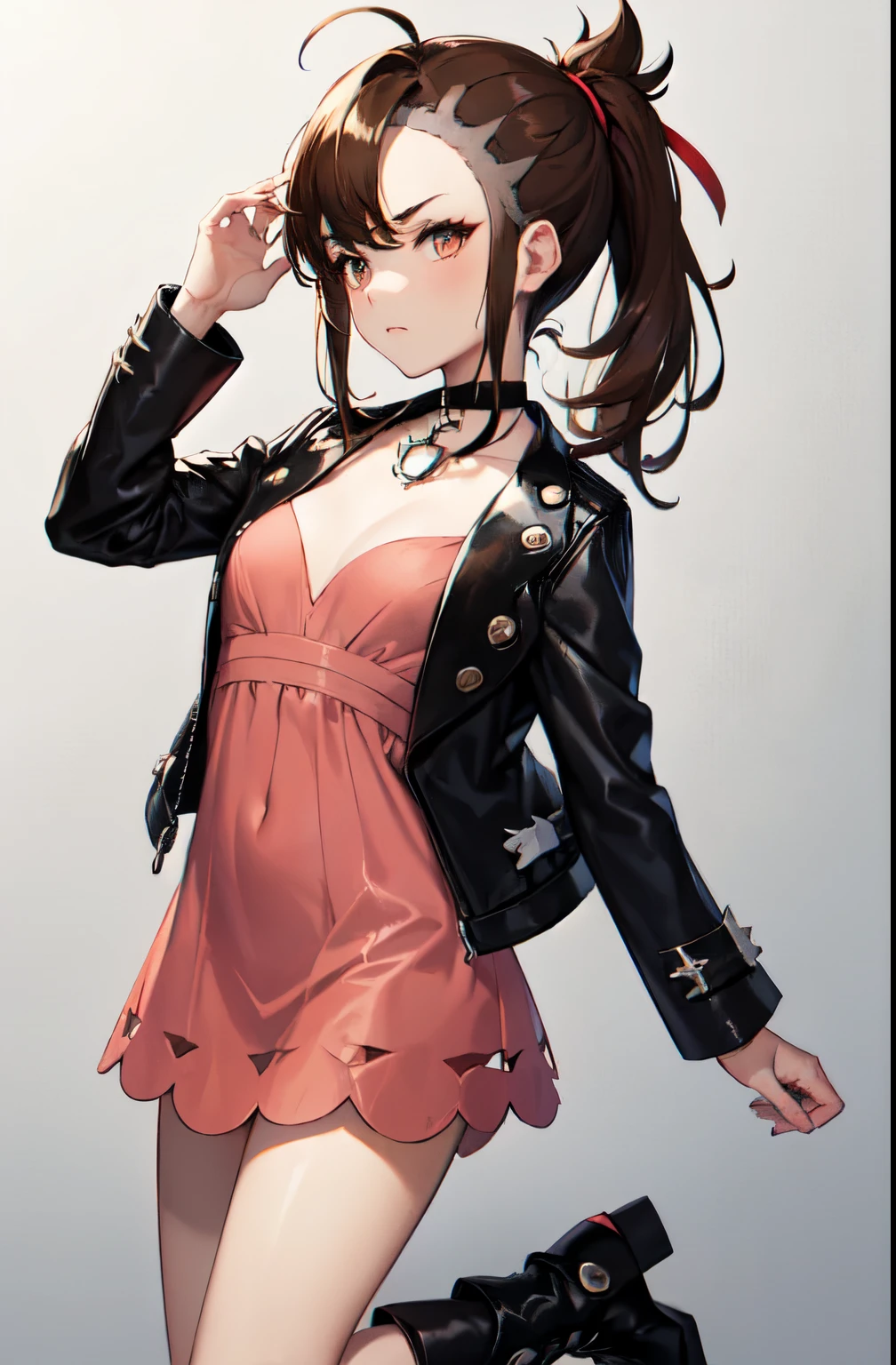 marnie_outfit, dress, pink dress, jacket, black jacket, open jacket, boots, ankle boots, black footwear, choker, black choker, collar,, absurdres, ultra detailed, masterpiece, best quality, aesthetic, detailed,, solo, frown,
1girl, red eyes, (tsurime:1.2), (brown hair:1.3), medium hair, (asymmetrical bangs, swept bangs, cowlick:1.35), flipped hair, foldedponytail, folded ponytail, (small breasts:1.3),