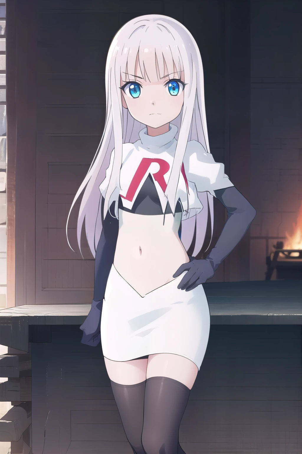 mira, anime, 1girl, solo, long_hair, looking_at_viewer, blue_eyes,  white_hair, small breasts,  soft smile, lake, yuzustyle , masterpiece, best quality, official art, extremely detailed CG unity 8k wallpaper, highly detailed, shiny skin, Depth of field, vivid color, team rocket,team rocket uniform, red letter R, white skirt,white crop top,black thigh-highs,black elbow gloves