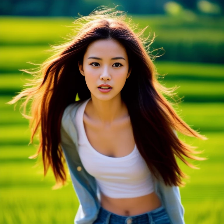 Best picture quality, Masterpiece, Ultra high resolution 8K, photograph, Asian girl with long hair blowing in the wind The sun shines on her beautiful, realistic face and her six-pack abs are outstanding., Looking straight at the action with a seductive expression., Wear jeans, wear a sexy short jean jacket.,Countryside, rice fields, old thatched huts, shabby,nature sunlight shines brightly,.. Picture clarity 8k, Taken with a high quality camera 45,000,000 pixels realistic,)