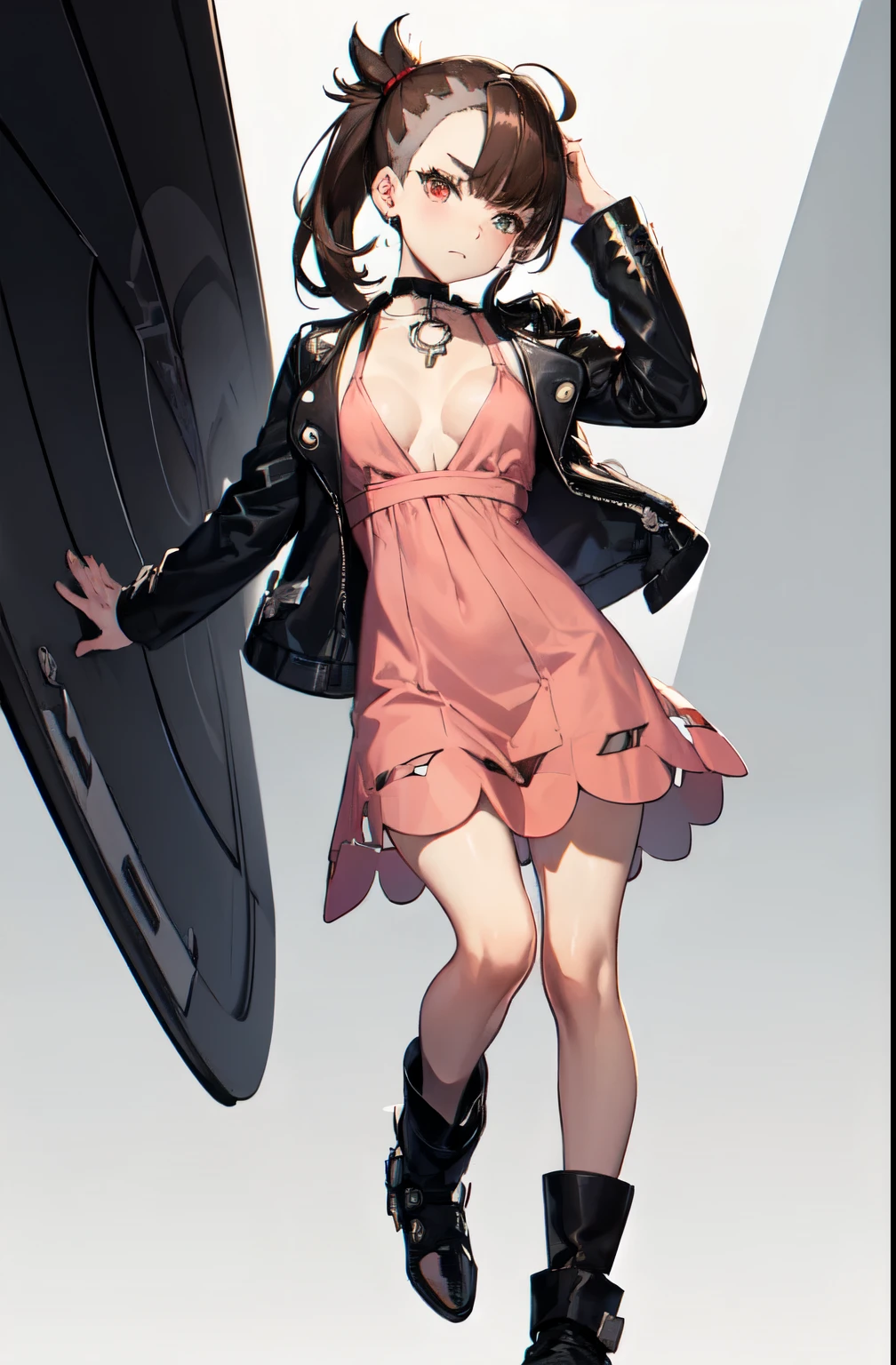 marnie_outfit, dress, pink dress, jacket, black jacket, open jacket, boots, ankle boots, black footwear, choker, black choker, collar,, absurdres, ultra detailed, masterpiece, best quality, aesthetic, detailed,, solo, frown,
1girl, red eyes, (tsurime:1.2), (brown hair:1.3), medium hair, (asymmetrical bangs, swept bangs, cowlick:1.35), flipped hair, foldedponytail, folded ponytail, (small breasts:1.3),