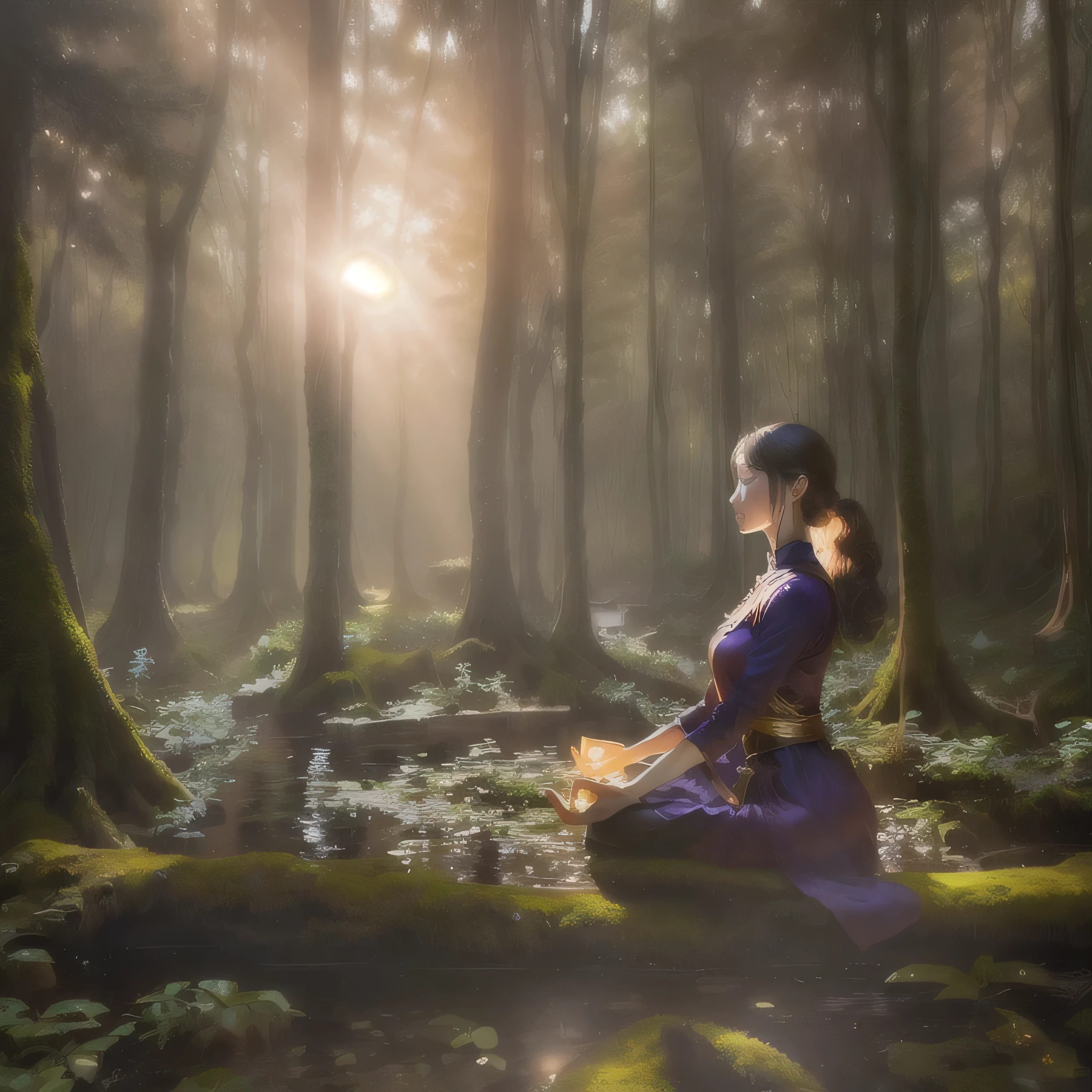 In the woods, there is a woman sitting on a log., realistic fantasy render, Inspired by Igor Kieliluk, , Sitting in the forest, Beautiful digital art, In the magical forest, forest soul, peaceful lushious forest, Peaceful Elven Forest, In the woods, Meditate, meditation, 深いIn the woods, Forest Background