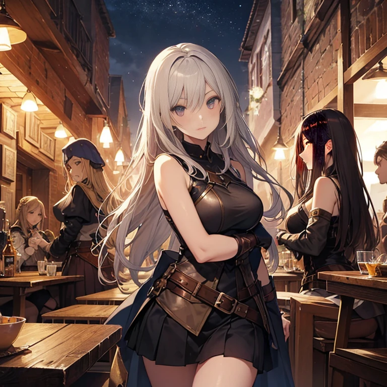 A group of female medieval fantasy adventurers, (in tavern), various hair styles, harem, night, details face, short skirt, seducing, sleeveless, armor