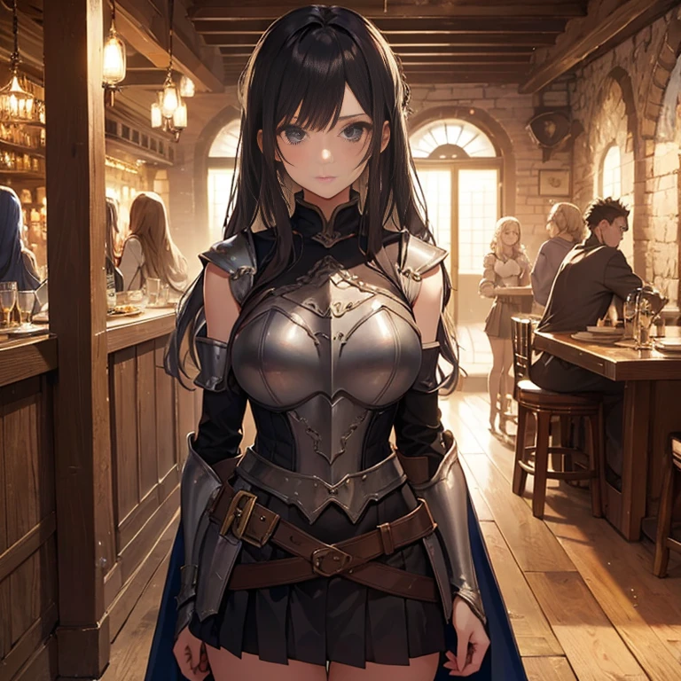 A group of  female medieval fantasy adventurers, (in tavern), various hair styles, harem, night, details face, short skirt, seducing, sleeveless, armor 