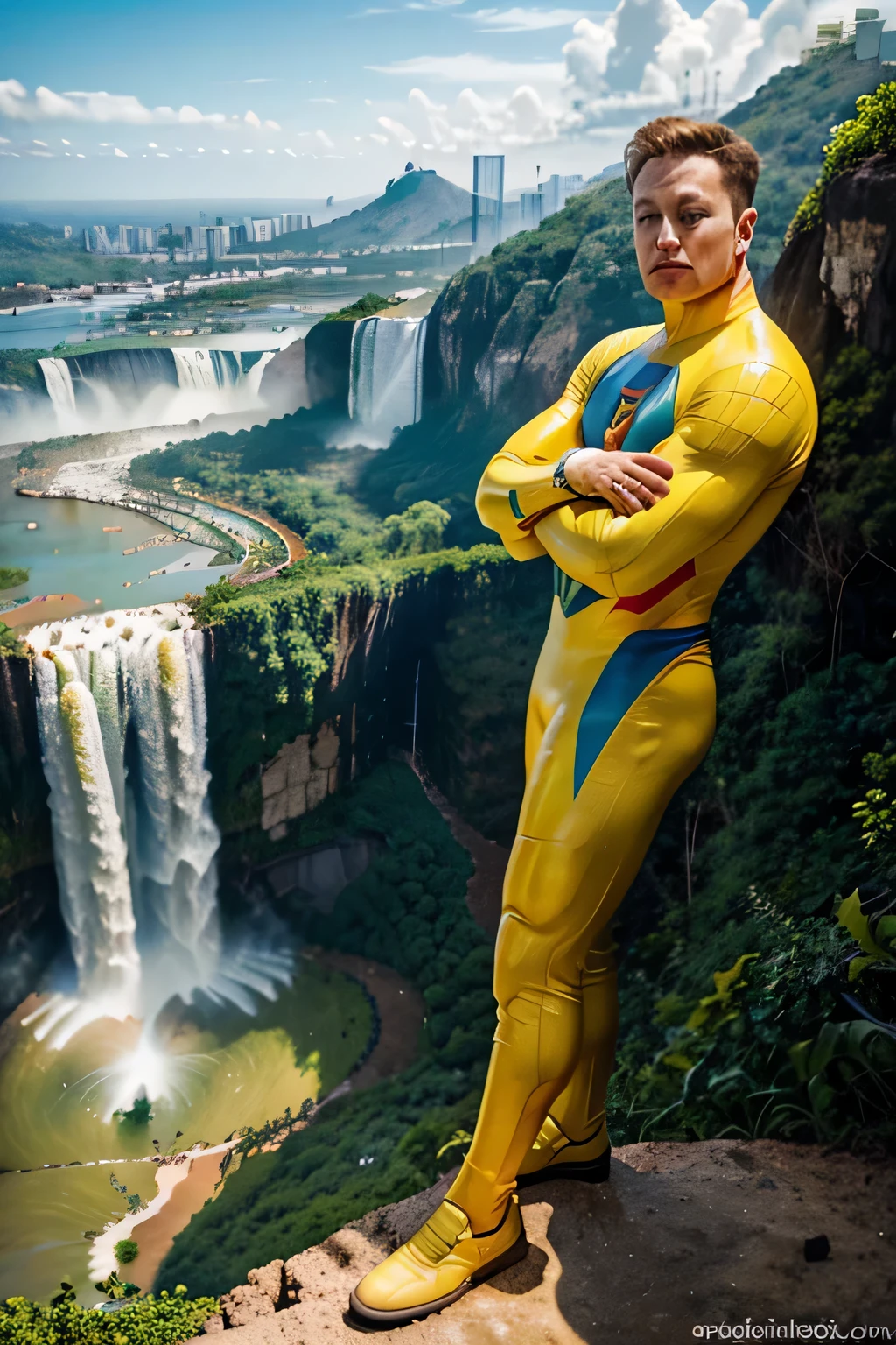 Elon Musk as Superman in a green and yellow uniform at iconic Brazilian landmarks such as the Christ the Redeemer statue in Rio de Janeiro, the Amazon Rainforest, the Iguazu Falls, or the beaches of Copacabana and Ipanema. Use your imagination to bring this creative concept to life through illustrations or digital art!