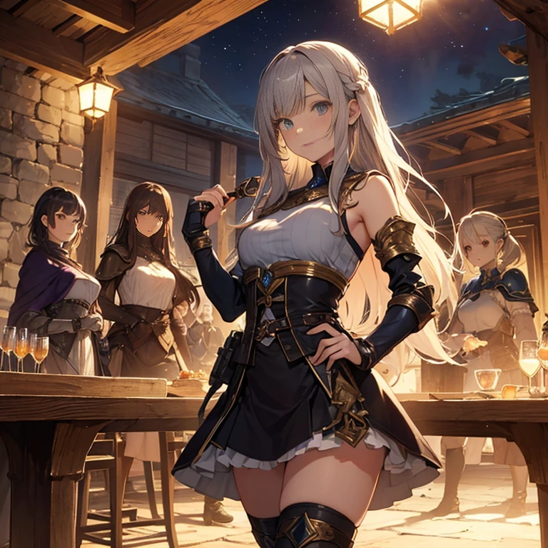 A group of female medieval fantasy adventurers, (in tavern), various hair styles, harem, night, details face, short skirt, seducing, sleeveless, armor