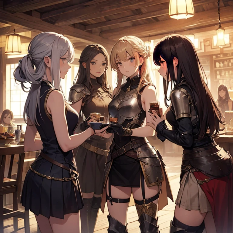 A group of female medieval fantasy adventurers, (in tavern), various hair styles, harem, night, details face, short skirt, seducing, sleeveless, armor