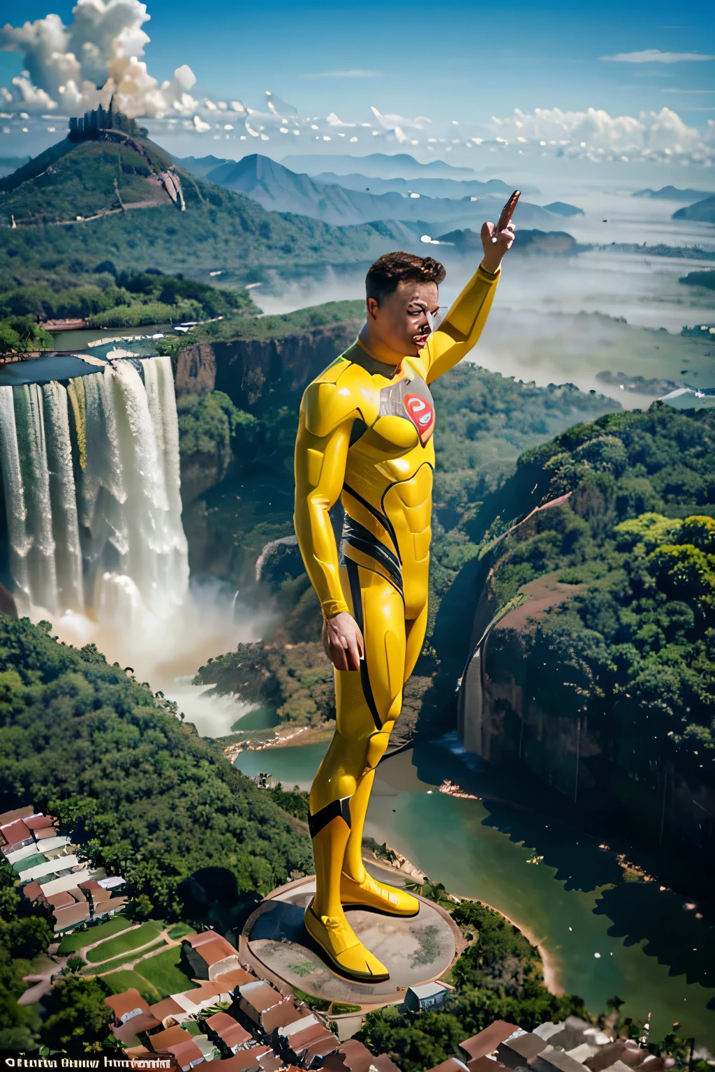 Elon Musk as Superman in a green and yellow uniform at iconic Brazilian landmarks such as the Christ the Redeemer statue in Rio de Janeiro, the Amazon Rainforest, the Iguazu Falls, or the beaches of Copacabana and Ipanema. Use your imagination to bring this creative concept to life through illustrations or digital art!