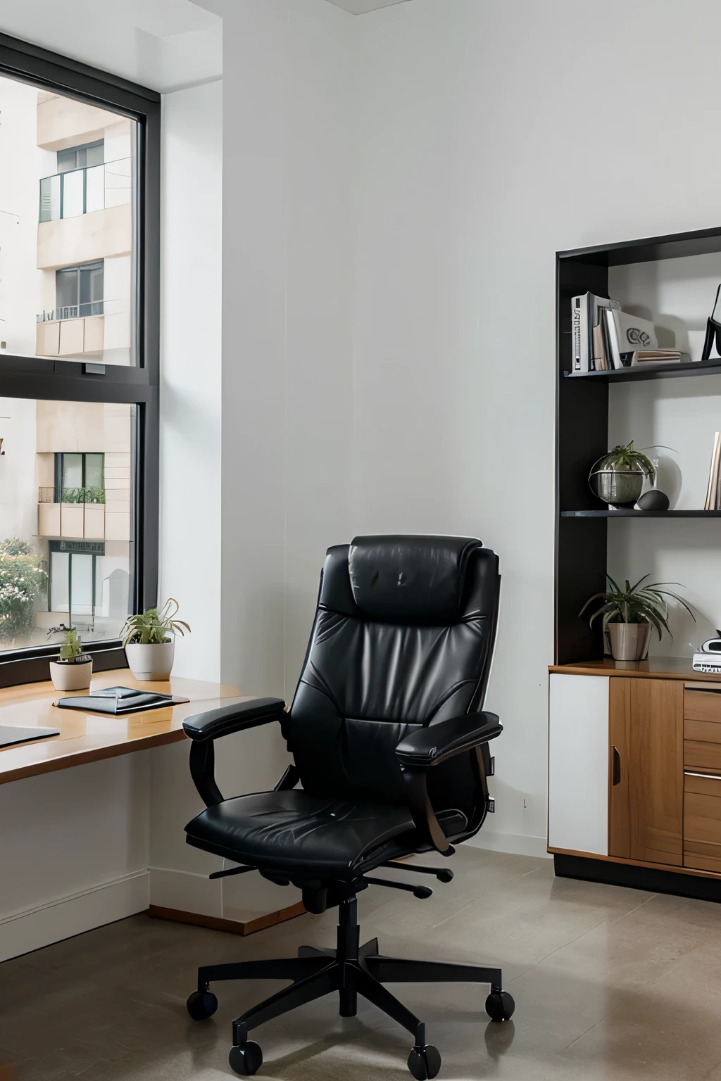 office with minimalist design, con escritorio de caoba, silla giratoria negra, ventana corrediza, cornered leather armchair that includes 3D plants