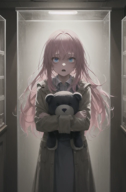 1girl, pink hair, blue eyes, (cowboy_shot:1.2), face focus, long hair, sidelocks, scared,(terrified:1.1) expression, holding teddy bear, atmospheric lighting, moody, darkness, in an old abandoned museum, transparent glass display cases filled with interesting objects, dusty, post-apocalypse, cobwebs, superb, beautiful 8k wallpaper, extremely detailed, intricate