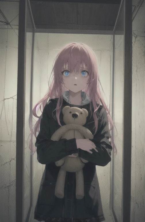 1girl, pink hair, blue eyes, (cowboy_shot:1.2), face focus, long hair, sidelocks, scared,(terrified:1.1) expression, holding teddy bear, atmospheric lighting, moody, darkness, in an old abandoned museum, transparent glass display cases filled with interesting objects, dusty, post-apocalypse, cobwebs, superb, beautiful 8k wallpaper, extremely detailed, intricate