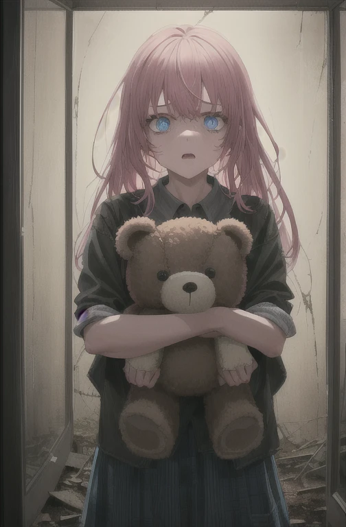1girl, pink hair, blue eyes, (cowboy_shot:1.2), face focus, long hair, sidelocks, scared,(terrified:1.1) expression, holding teddy bear, atmospheric lighting, moody, darkness, in an old abandoned museum, transparent glass display cases filled with interesting objects, dusty, post-apocalypse, cobwebs, superb, beautiful 8k wallpaper, extremely detailed, intricate