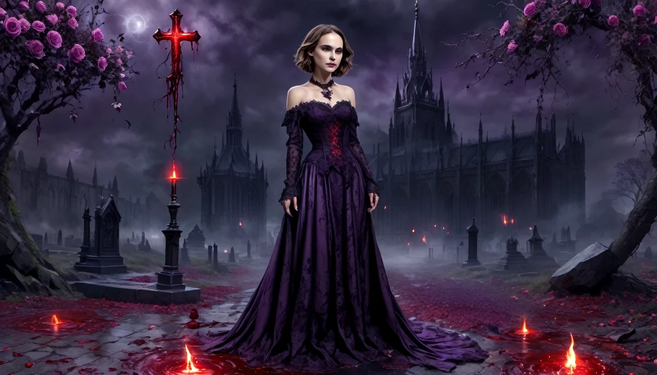 (Natalie Portman) , （Messenger from hell：1.4），cross，a giant Blood-sucking ghost，View of sickle from below，hell，magma，flame，（purple flame：1.3），There is fresh Blood on the ground，Blood pool，dripping Blood，Gothic aesthetics，one、Rose、castle、cross、Blood、churchyard，The mystery of gothic style、solemn and profound，gothic style，gothic style lace clothes、Rose symbolizes romance、grave、Blood-sucking ghost、witch、ruins、gothic cathedral，Gothic symbols series.