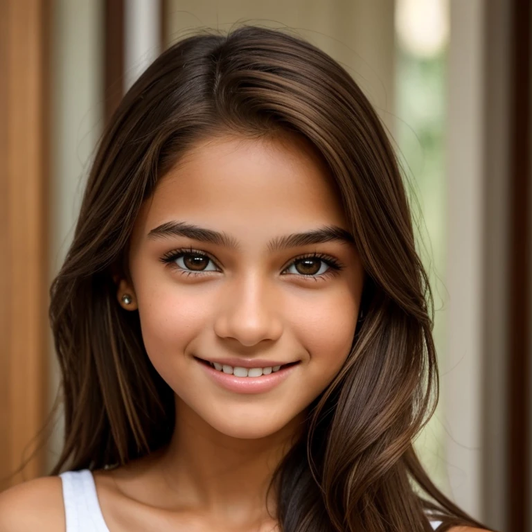 Girl, beautiful, ager, brown hair, light brown eyes, with the face of actress Bela Fernandes smile