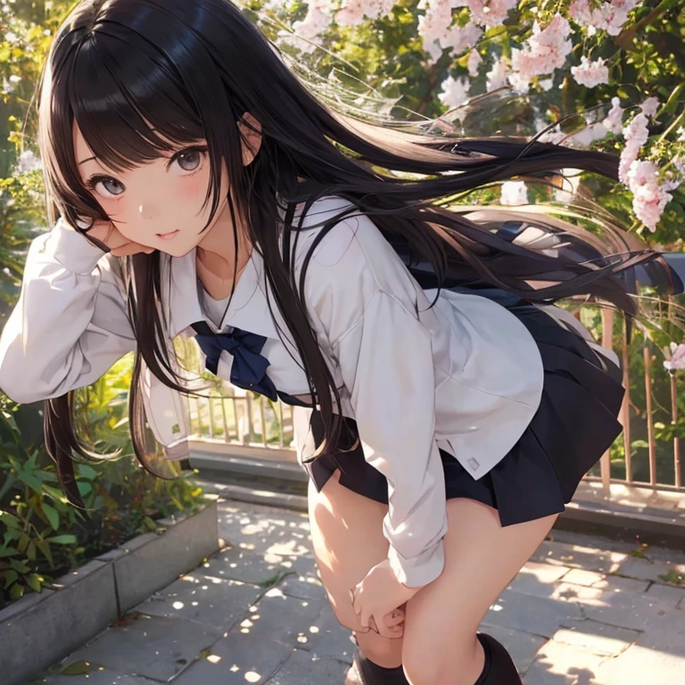 Masterpiece, Best Quality, Official Art, (Highly Detailed CG Unity 8k wallpaper), Detailed background, (Hands by Guido Daniele: 1.1), Feet out of frame, First Person View, 1, Attractive and Perfect Beautiful Woman, Schoolgirl, JK, Schoolgirl Uniform, Autumn, Autumn Leaves, Wind Blowing, (((Show buttocks, buttocks sticking out, flipping skirt, panties visible, gaze from oblique down))), sitting, legs open, optimal ratio of four fingers to one thumb, (curvaceous), ( white thighs: 1.12), (blue long hair: 1.12), (ahoge: 1.13), (high ponytail: 1.12), (green eyes: 1.13), looking at the viewer, big, (cleavage), beautiful face, (blush: 1.11), (smile: 1.11)