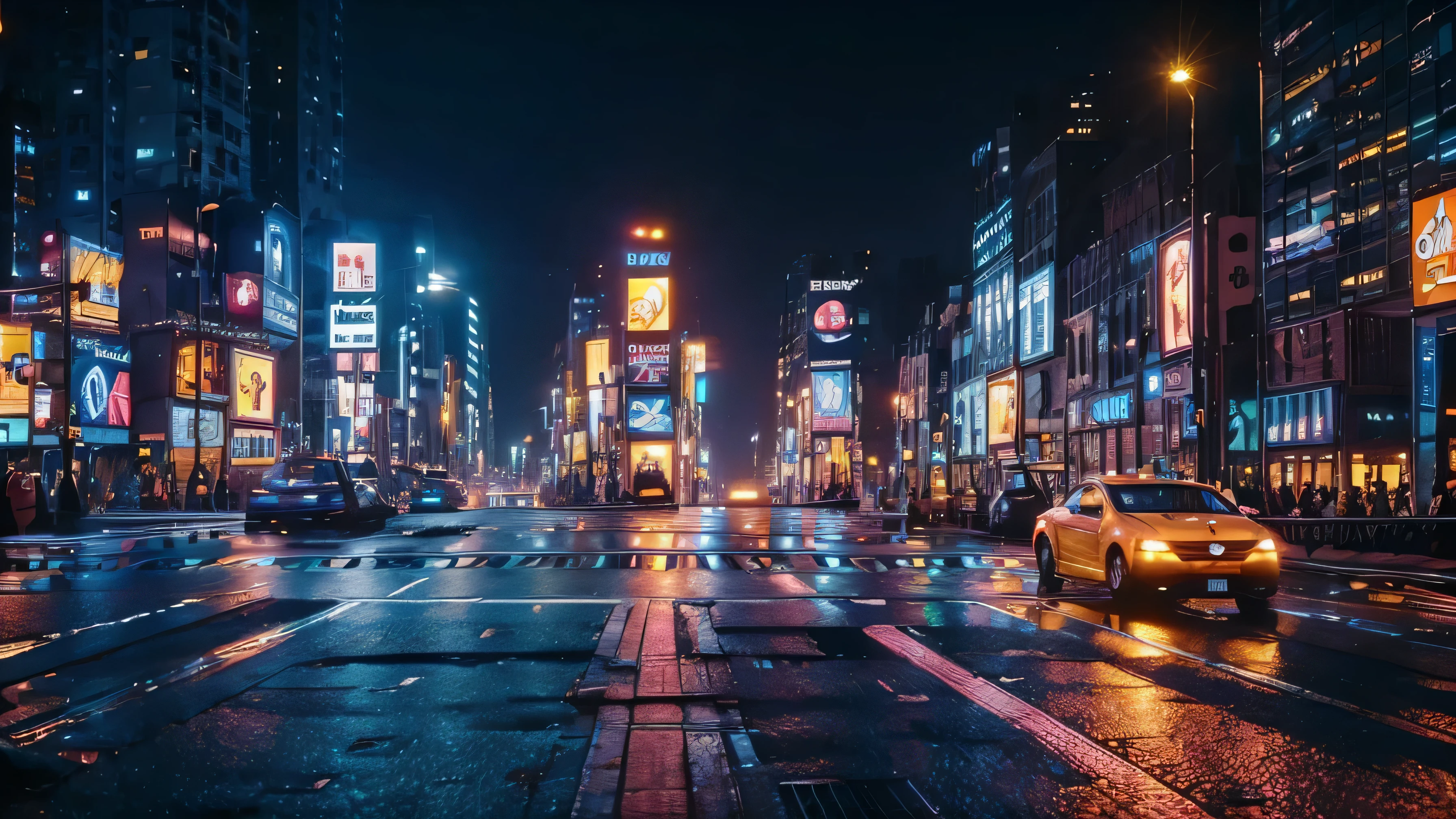 ((best quality)), ((masterpiece)), ((realistic)), Neon colored tall buildings, illuminated atmosphere, people walking in the background