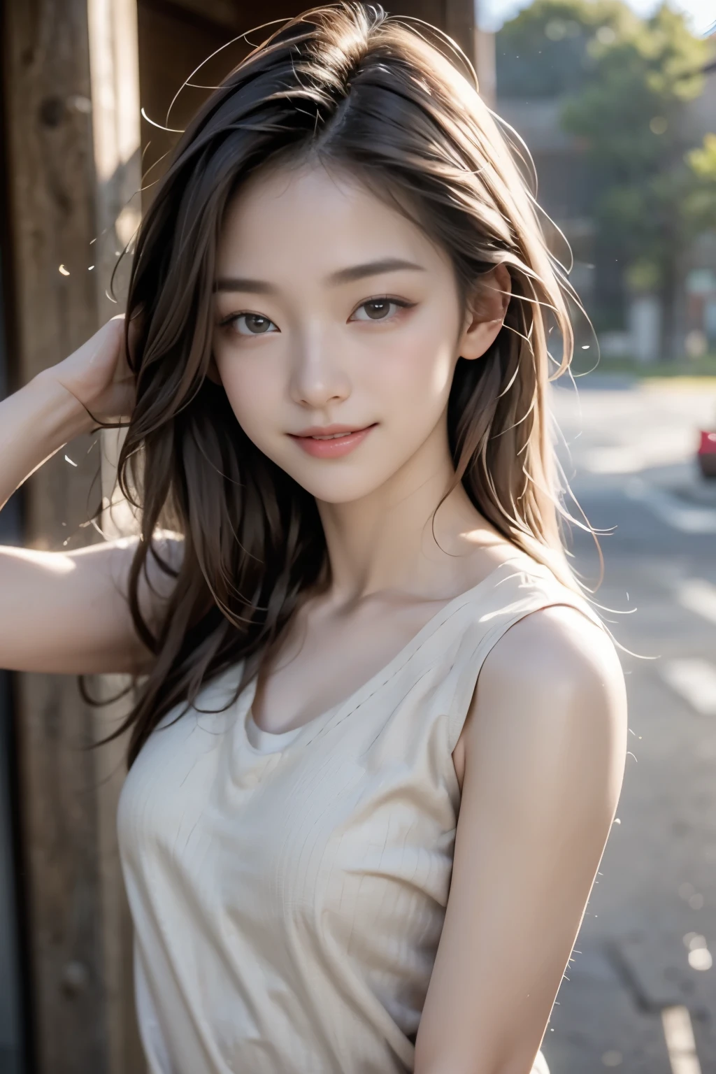 8K,highest quality, Tabletop, Ultra-detailed, 超A high resolution, Realistic, Raw photo, Absurd, Absolute Resolution, One girl, Upper Body Shot, Watching the audience,Young beautiful Japanese woman, Super cute face, Glamorous body,Long Bob Hair,smile,(wear a tank top:1.3),Beautiful Eyes,(the wind is strong:1.3), smileで歩く,Glossy lips, Double eyelids on both eyes, Natural Makeup, Long eyelashes, 艶やかで滑らかなライトブラウンのLong Bob Hair, Asymmetrical bangs, Glowing Skin, Center image, High resolution, High Detail, Detailed hairstyle, Detailed face, Great cinema lighting, Octane Rendering, Posing energetically with both arms raised, Surreal, Perfect limbs, Perfect Anatomy、Hair fluttering in the strong wind:1.2、View from slightly below